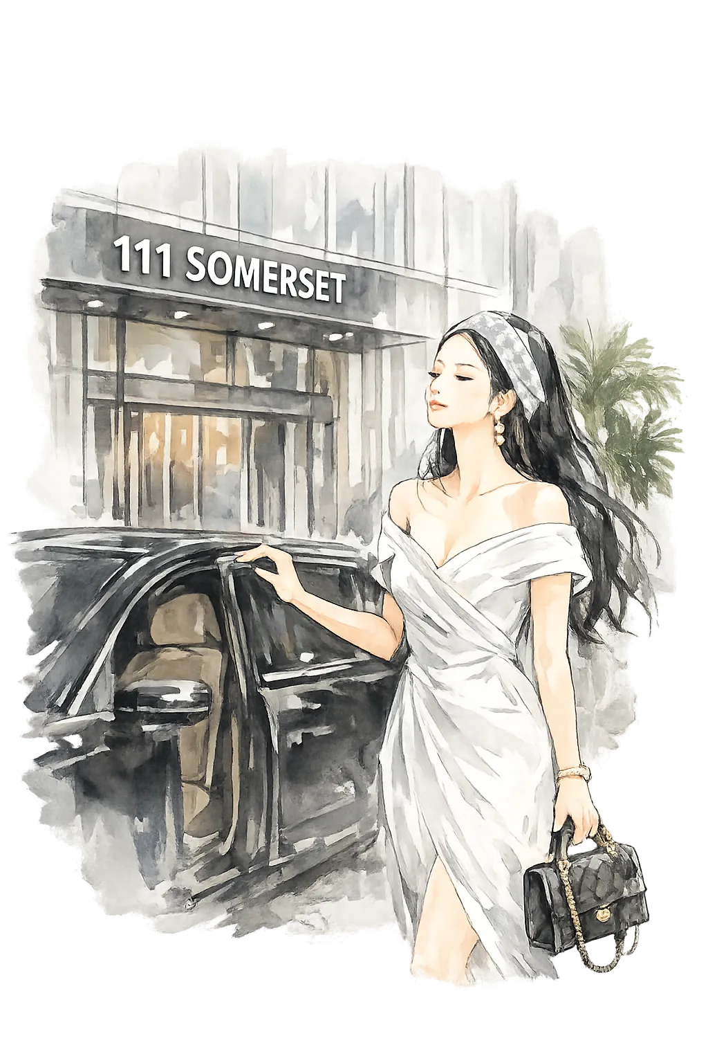 Watercolour illustration of the 111 Somerset building entrance