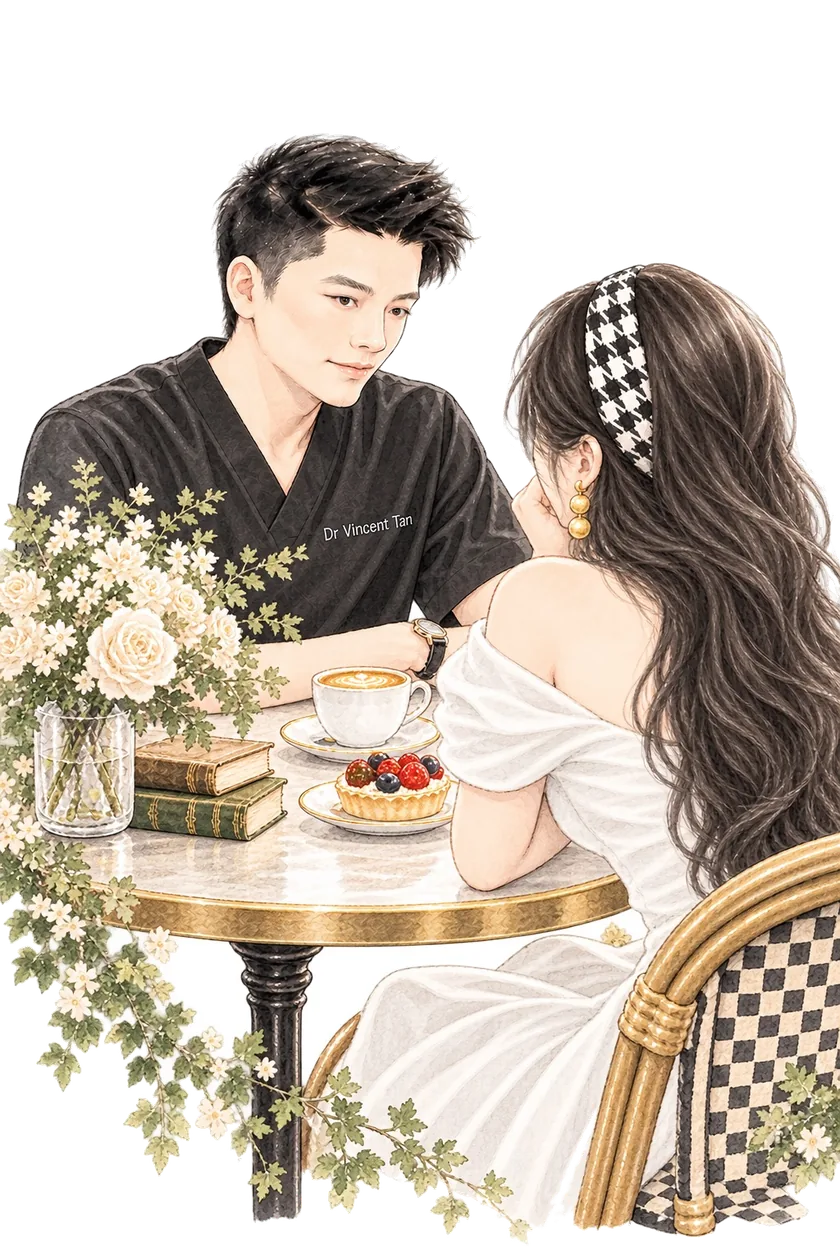 水彩插画：身穿深色医生服的陈医生，在摆着咖啡与水果挞的咖啡桌旁，倾听一位白裙女士说话