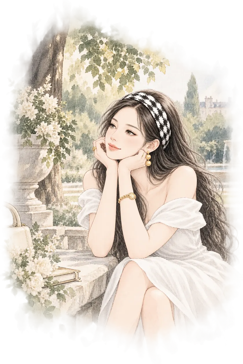 Watercolour illustration of a woman in a white dress resting her chin on her hands in a garden, her profile softly defined