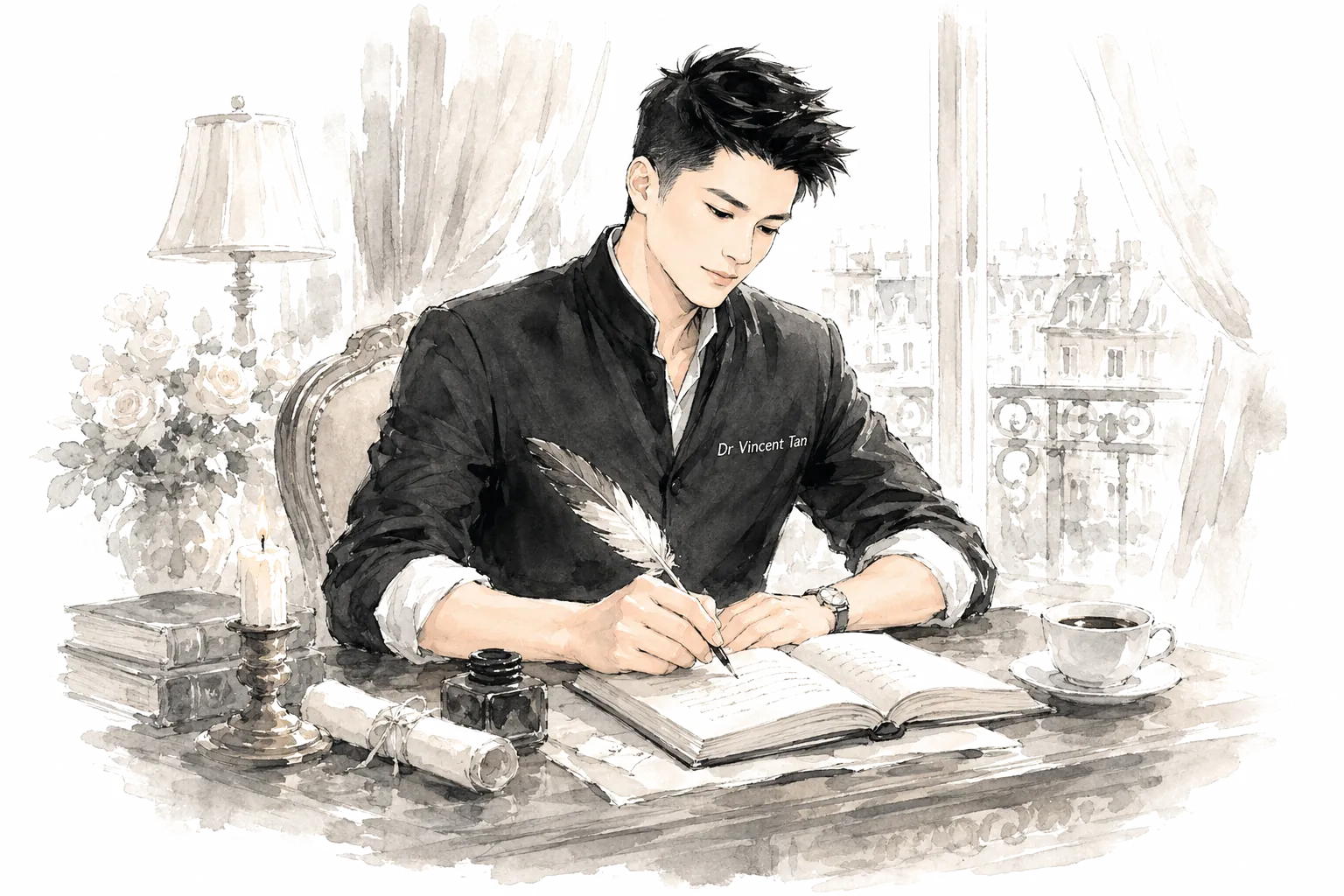 Dr Vincent Tan writing at his desk