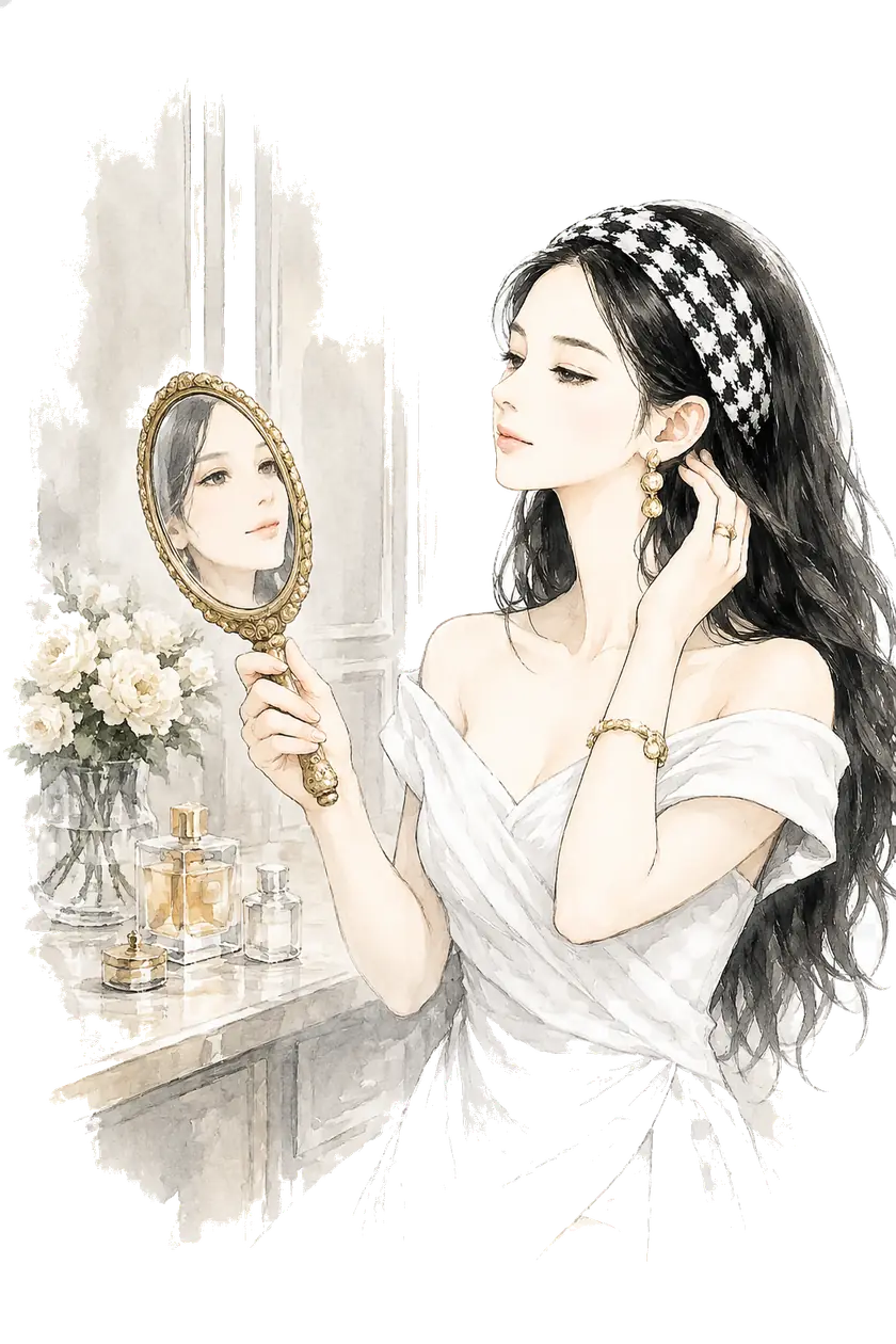 Watercolour illustration of a woman examining her tired-looking face in a gold hand mirror