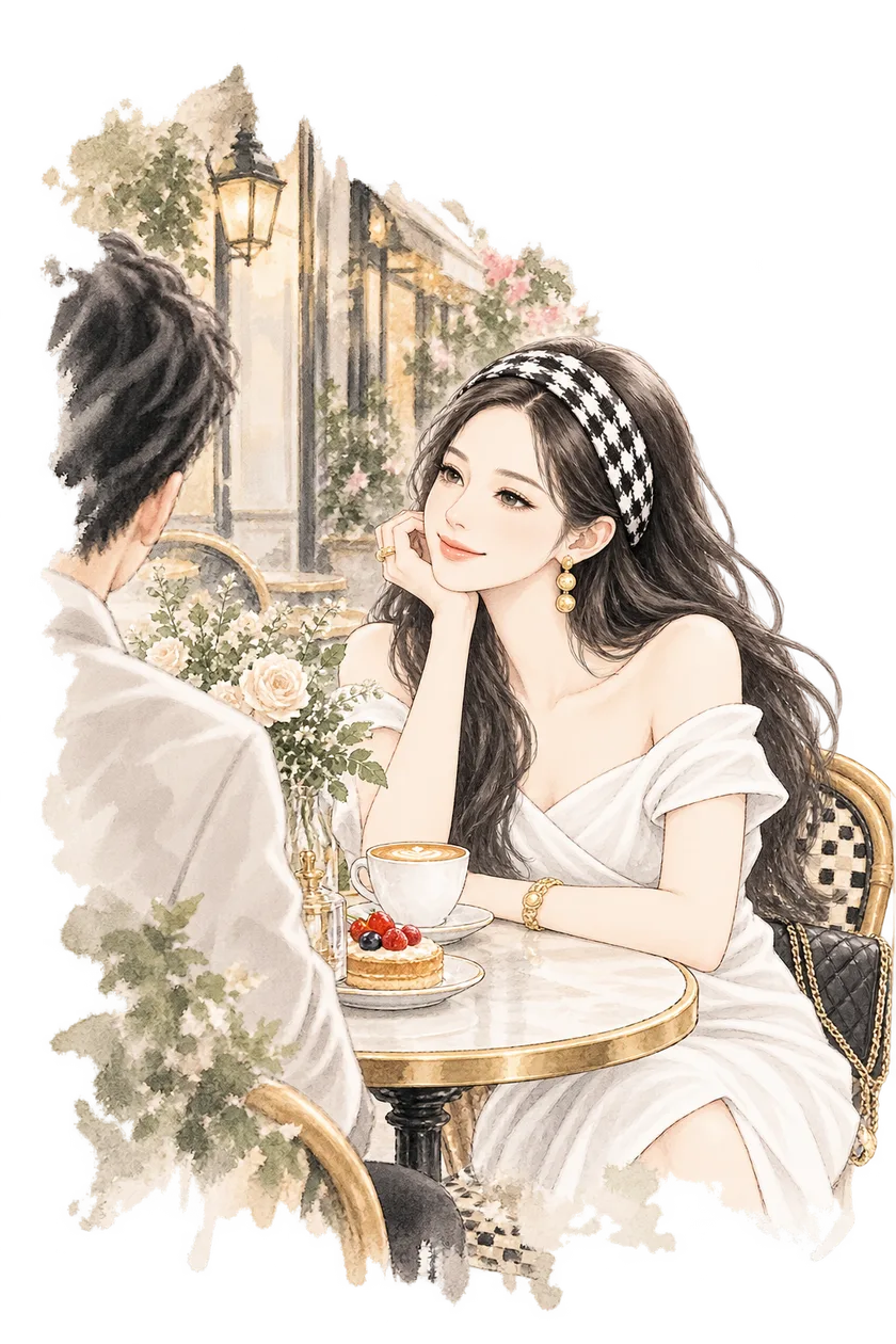 Watercolour illustration of a woman with a softly tapered jawline resting her chin on her hand at a café table